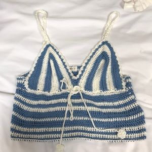 White and blue striped planet blue crotchet top